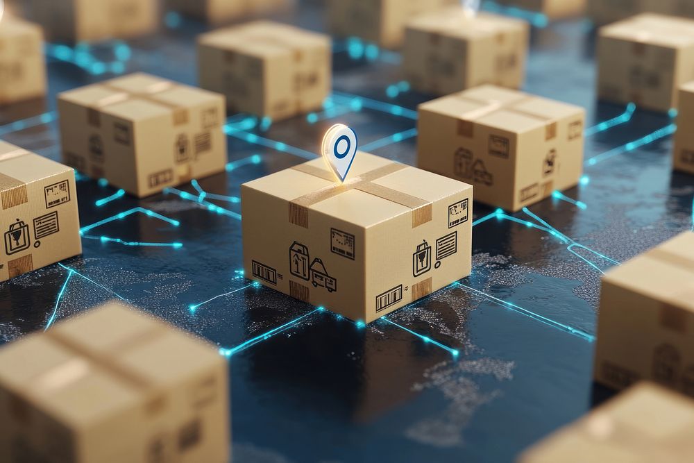 Global logistics network boxes shipping location.