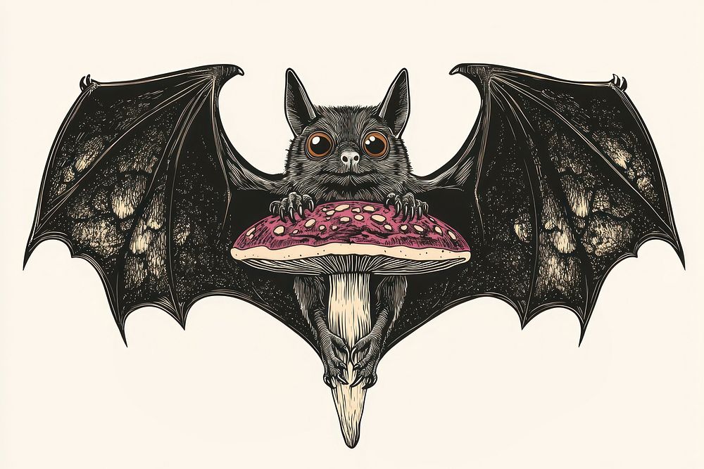 A bat with mushroom illustration artwork whimsical.