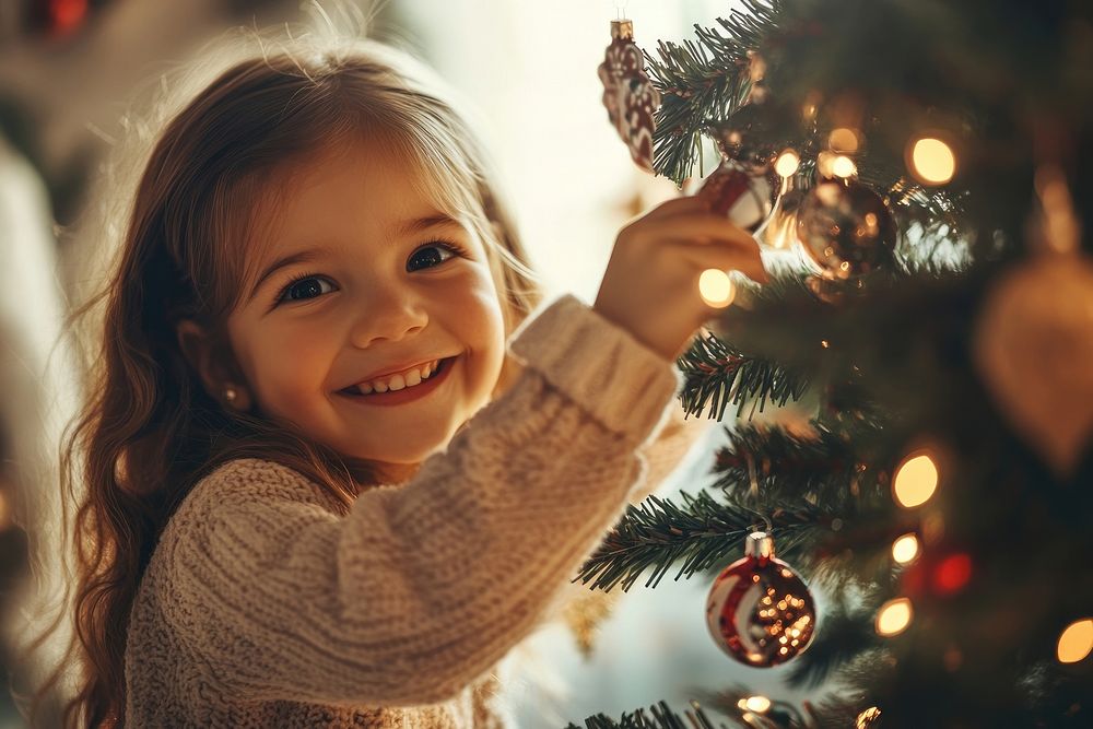 Daughter decorate the house christmas tree festive smiling happy.