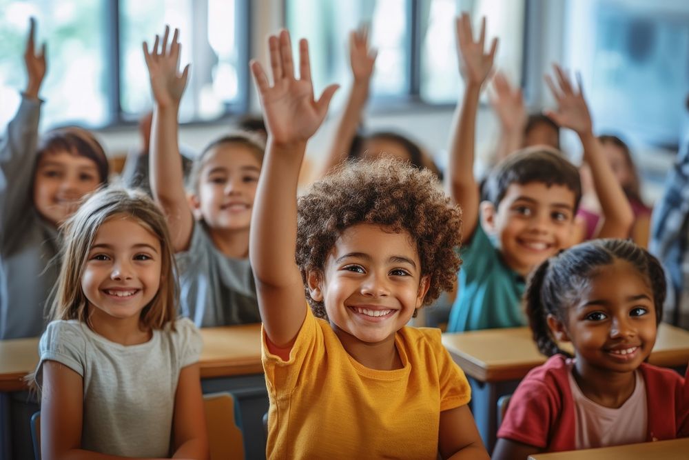 Diverse kids hand up elementary classroom children.