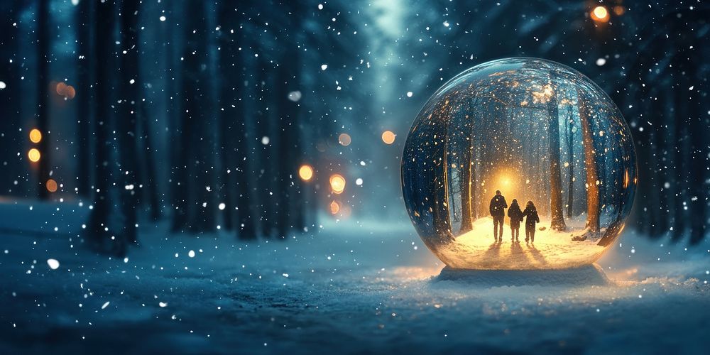 A snow globe person forest night.