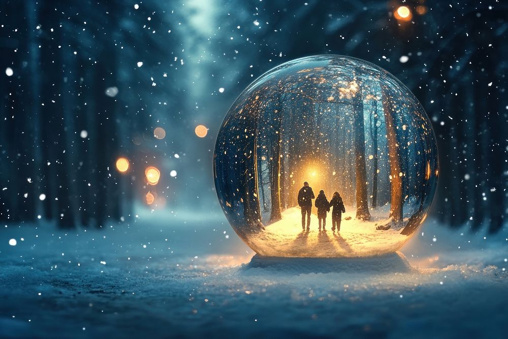 A snow globe person forest night.