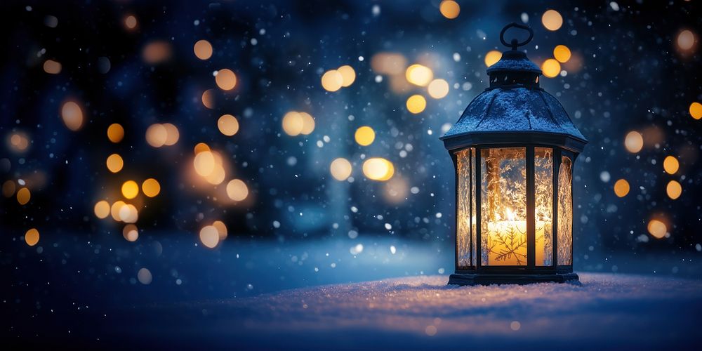 A vintage lantern with snowflakes falling around it night atmosphere outdoors.