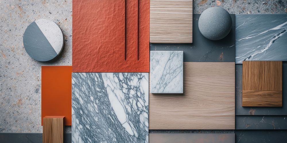 Material sample moodboard wood interior colorful.