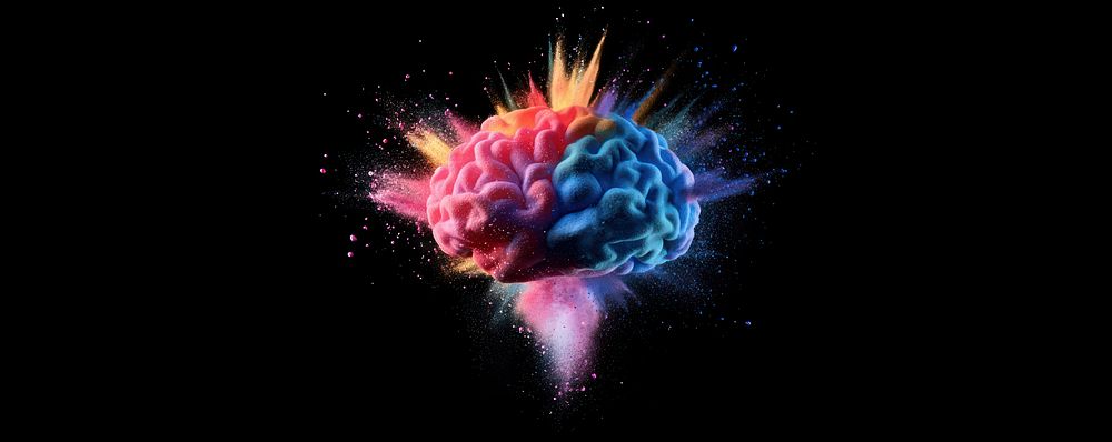 A colorful powder explosion in the shape of a brain on a black background illustration creative colors.