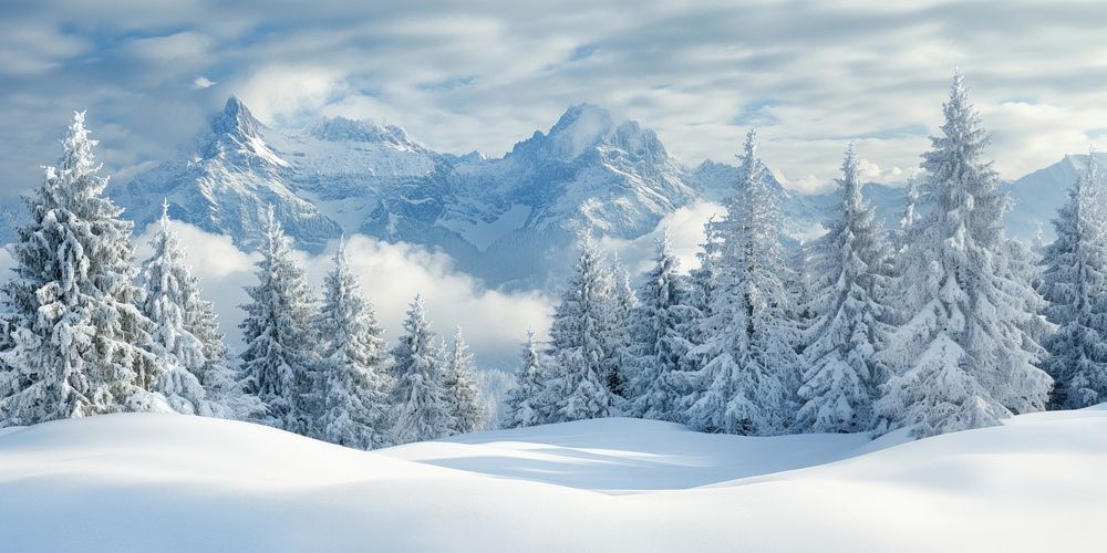 The snow-covered alpine forest in the background landscape mountains nature.