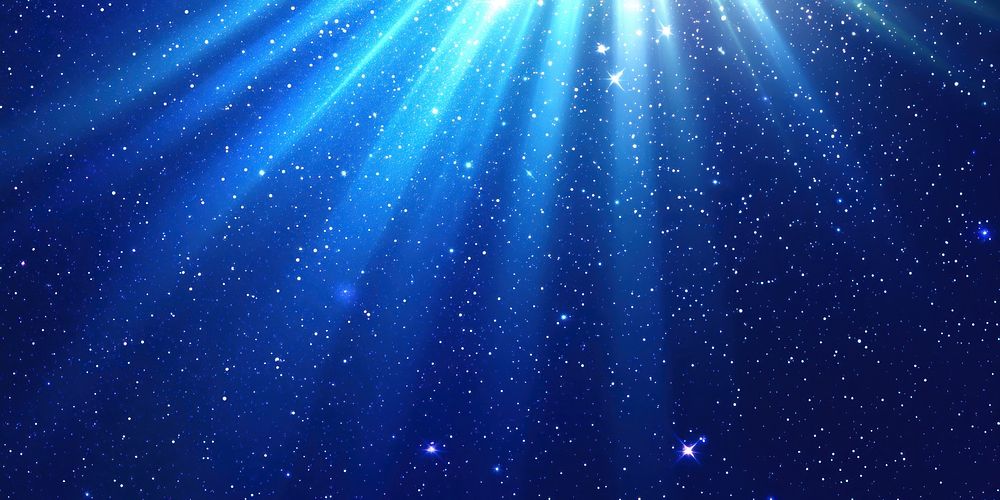 Blue background with stars and glowing light rays sky illustration starry.