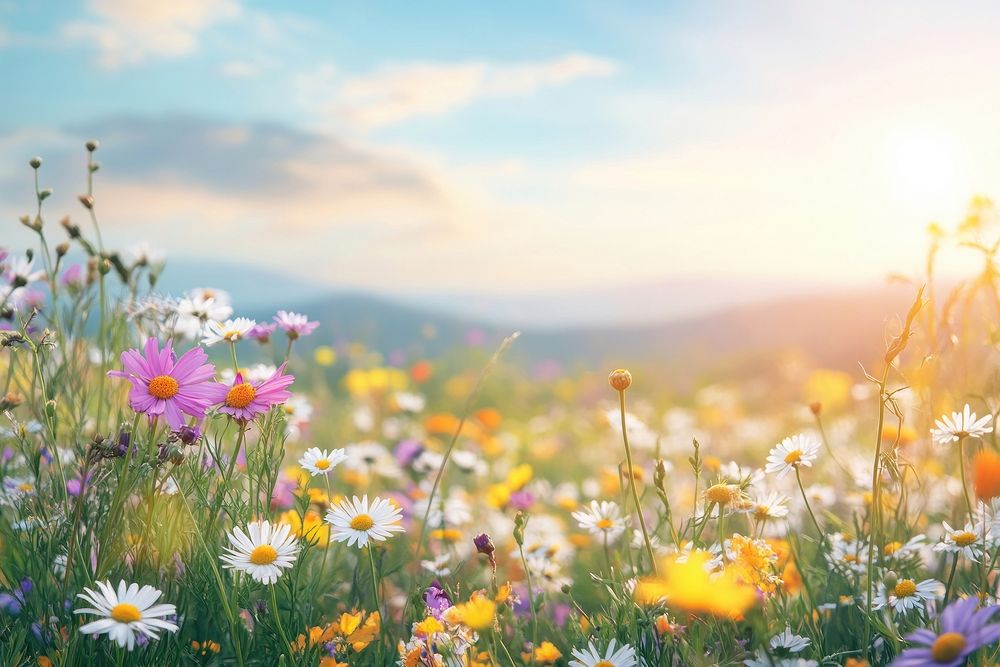 Colorful wildflowers in a meadow landscape nature countryside.