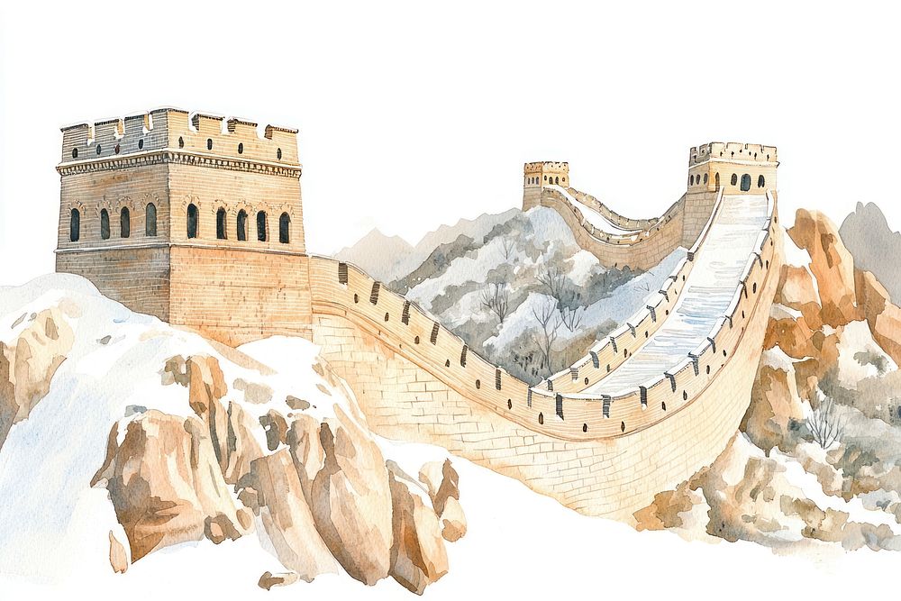 Great Wall of China landmark illustration watercolor.