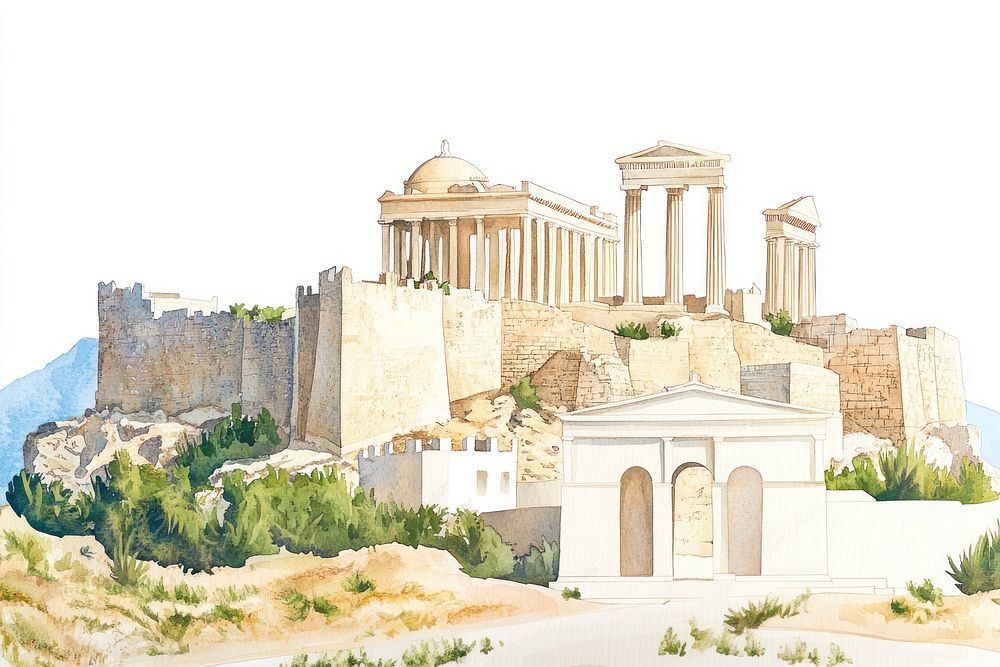 Acropolis of Lindos Rhodes island Greece architecture watercolor landmark.