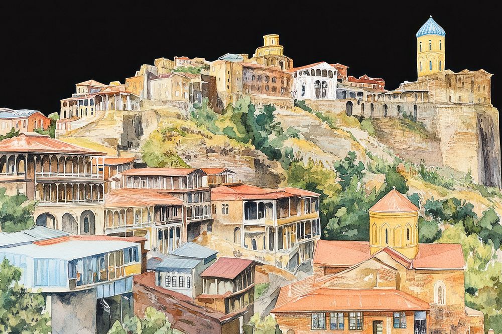 Tbilisi in Georgia architecture illustration watercolor.