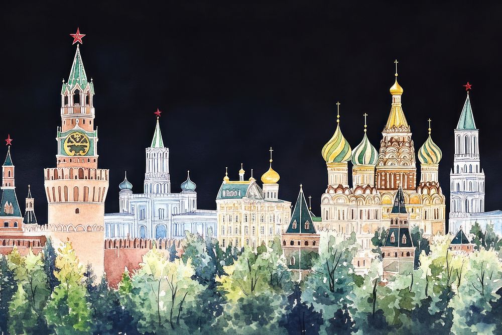 Moscow in Russia architecture illustration watercolor.