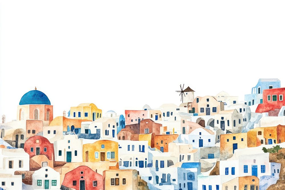 Santorini island in Greece architecture illustration watercolor.