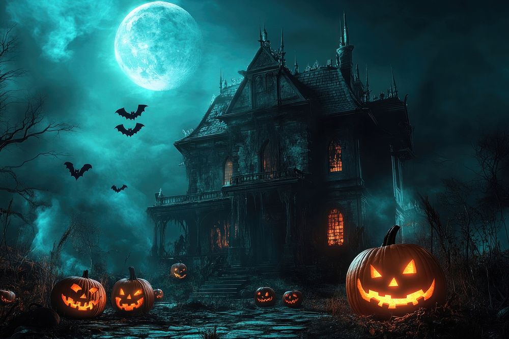 Halloween background pumpkins haunted house.