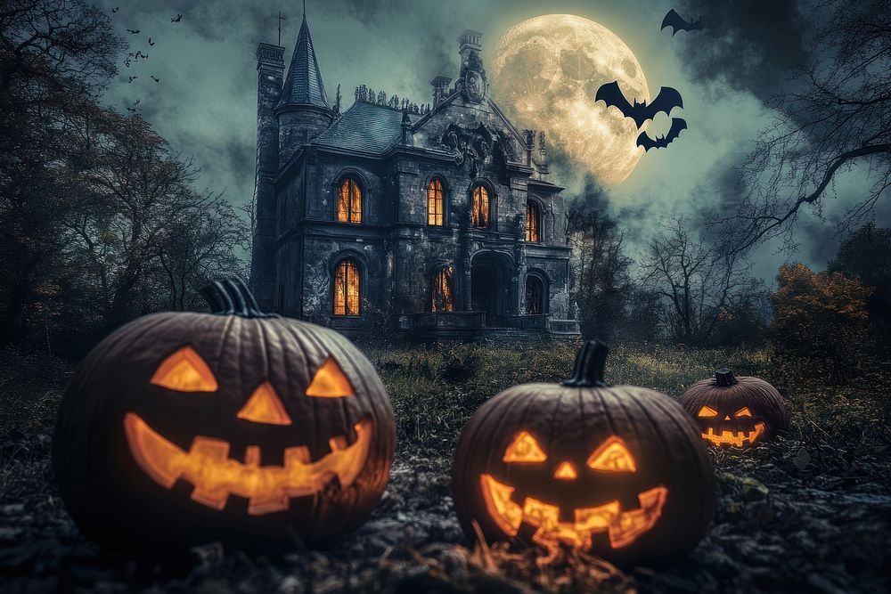 Halloween background pumpkins haunted moon.