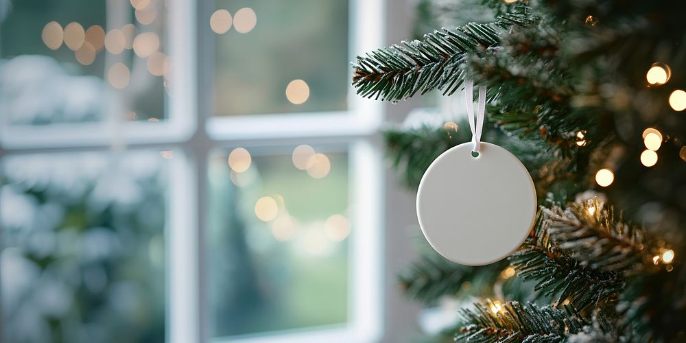 Round white ceramic tag mockup hanging on a Christmas tree christmas window christmas tree.