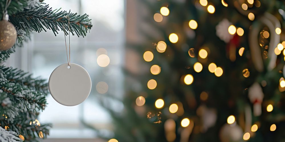 Round white ceramic tag mockup hanging on a Christmas tree christmas christmas tree celebration.