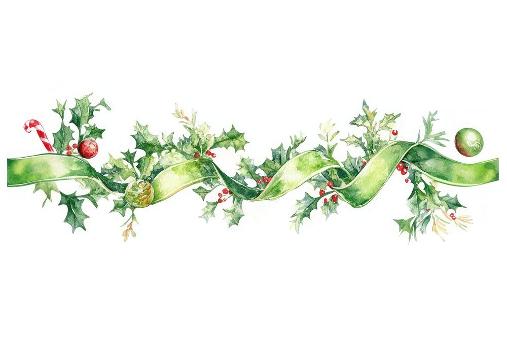 Green Ribbons Christmas border illustration watercolor christmas.