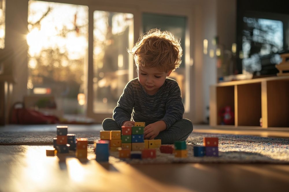 Young kid playing with blocks child sunlight colorful.