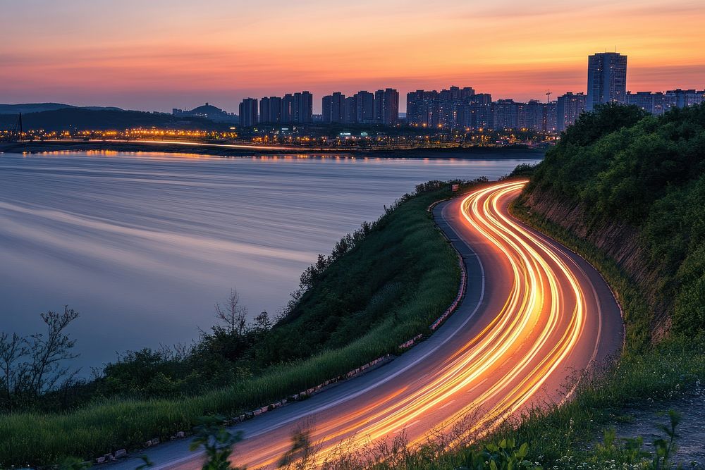 A vertical light trail road city landscape.