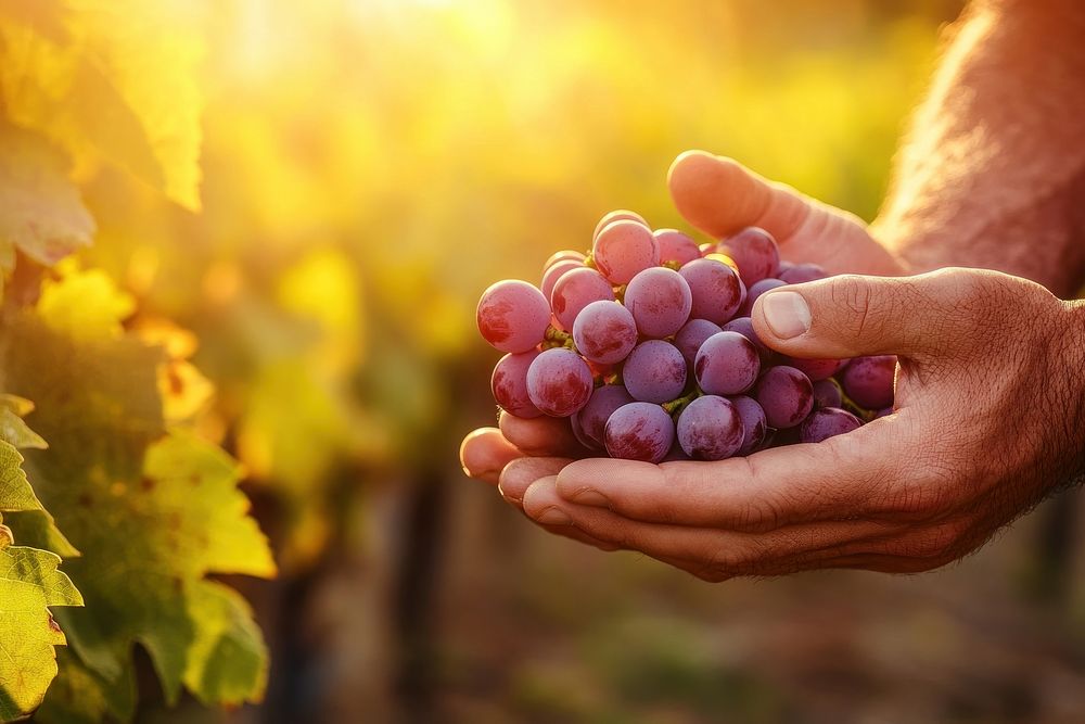 The farmer holds in his hands the grapes vineyard nature harvest.