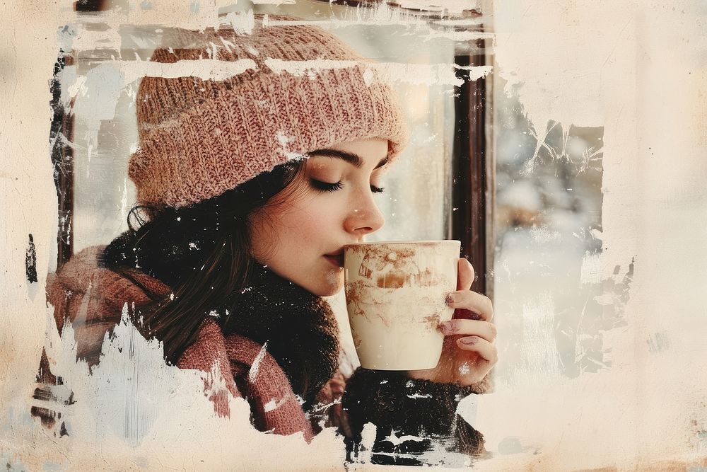 Woman drinking hot chocolate background clothing vintage.