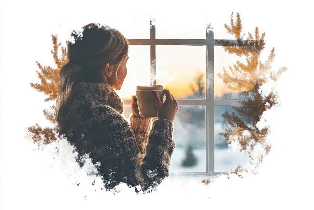 Woman drinking hot chocolate winter window warm.