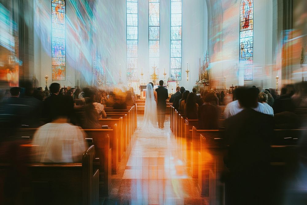 Wedding couple in a church wedding guests glass.