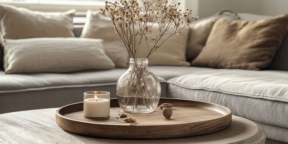 A wooden tray on the coffee table pillows candle minimalist.