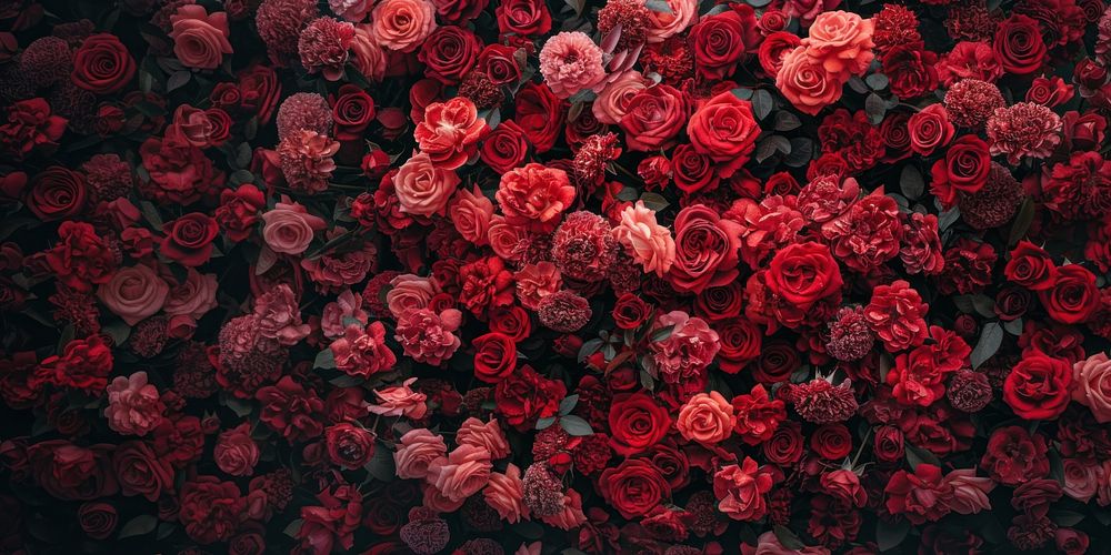 Red roses and pink roses flower petals wall.