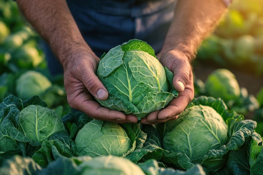 Hands holding cabbages vegetable produce organic.