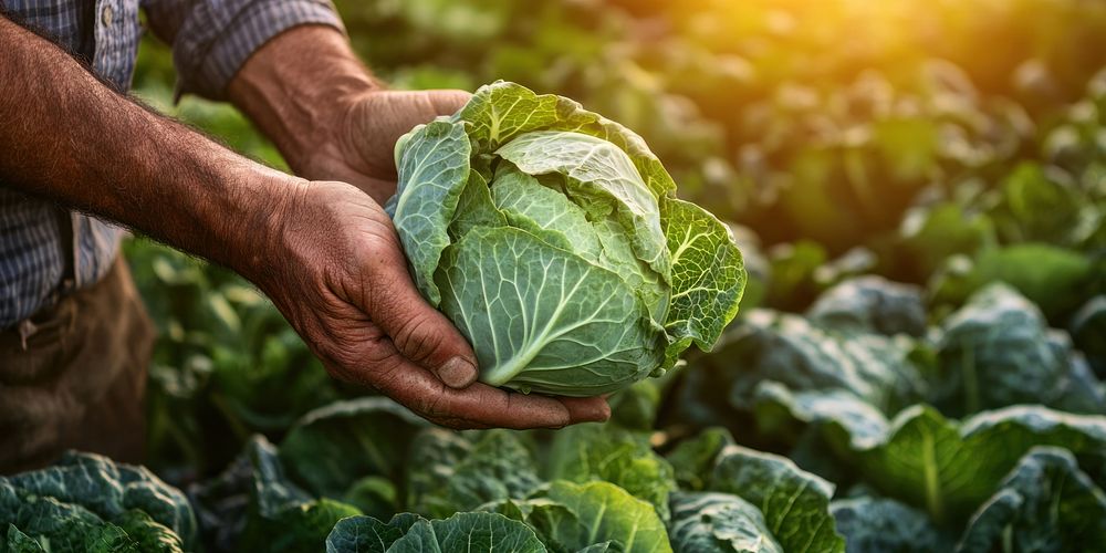 Hands holding cabbages vegetable produce organic.