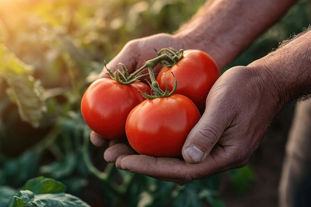 Hands holding tomatoes vegetables produce organic.