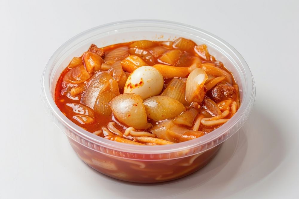 Tteokbokki and Boil egg plastic dish food.