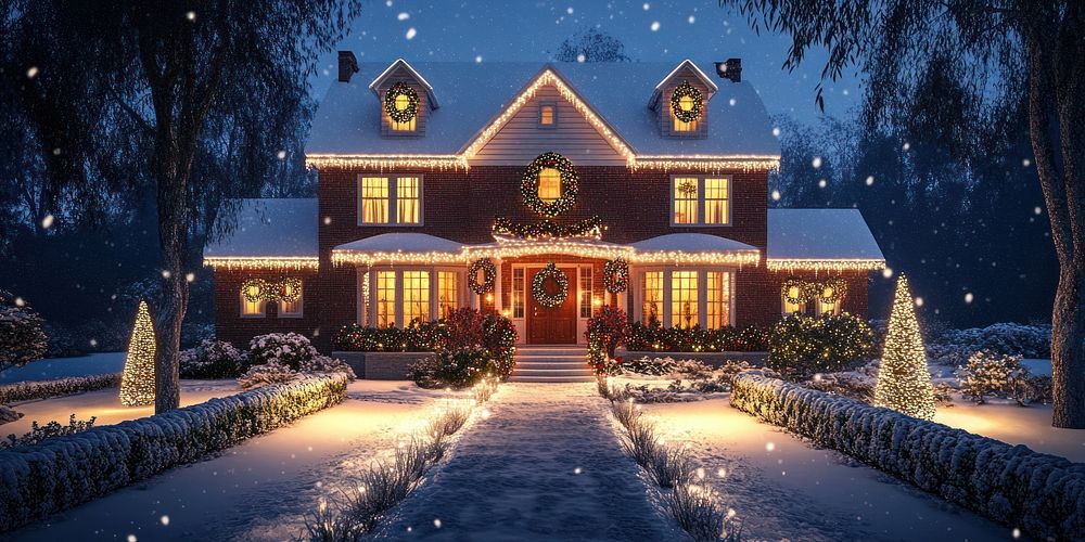 Stylish house decorated with Christmas lights christmas winter wreath.