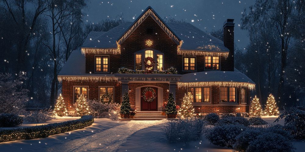 Stylish house decorated with Christmas lights christmas winter wreath.