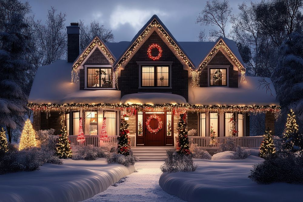 Stylish house decorated with Christmas lights christmas winter wreath.