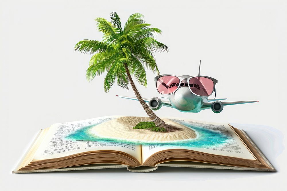 Plane wearing sun glasses and coconut tree book plane white.