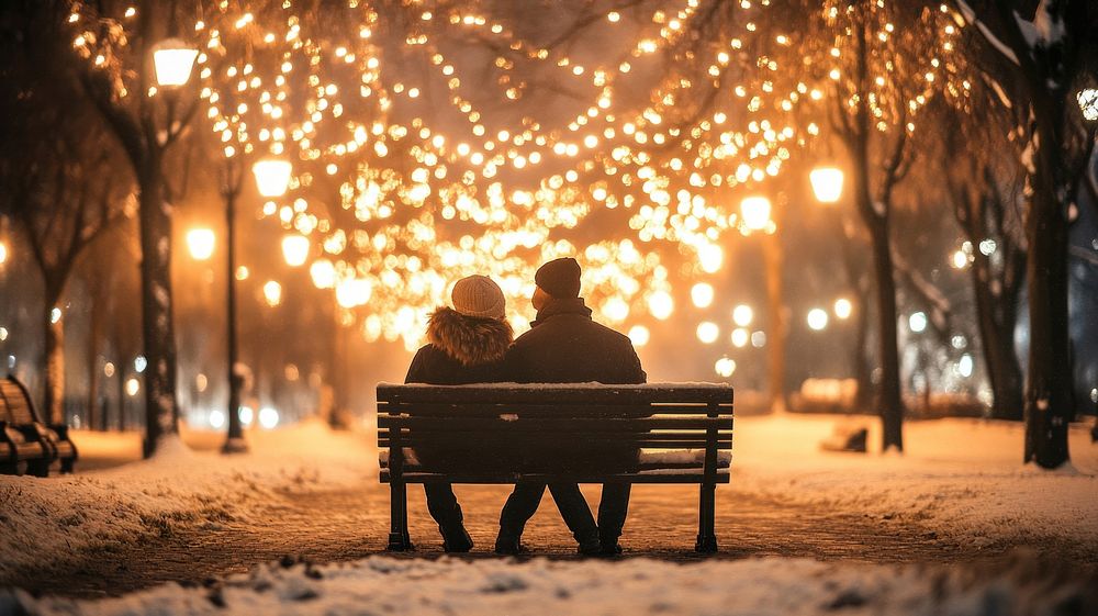 Couple sitting in bench romantic winter lights.