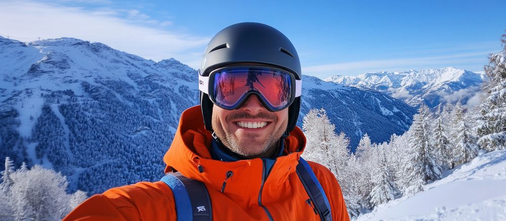 Man wearing Ski glasses mountains helmet snow.