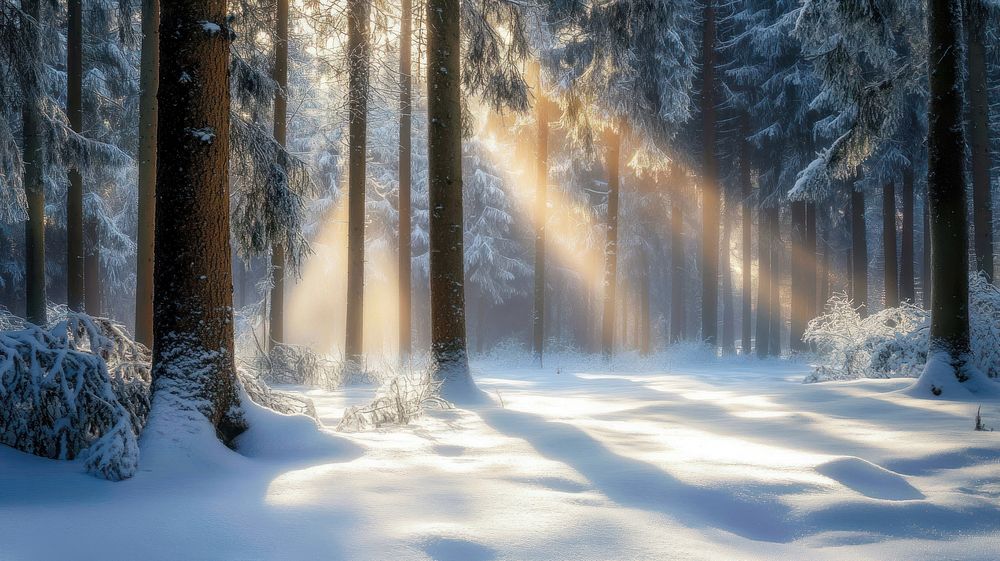 Winter forest background sunlight trees landscape.