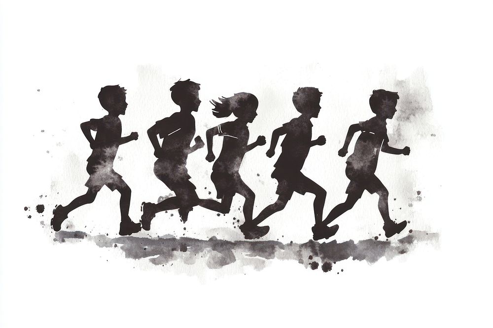 Group of kids running silhouette watercolor children.