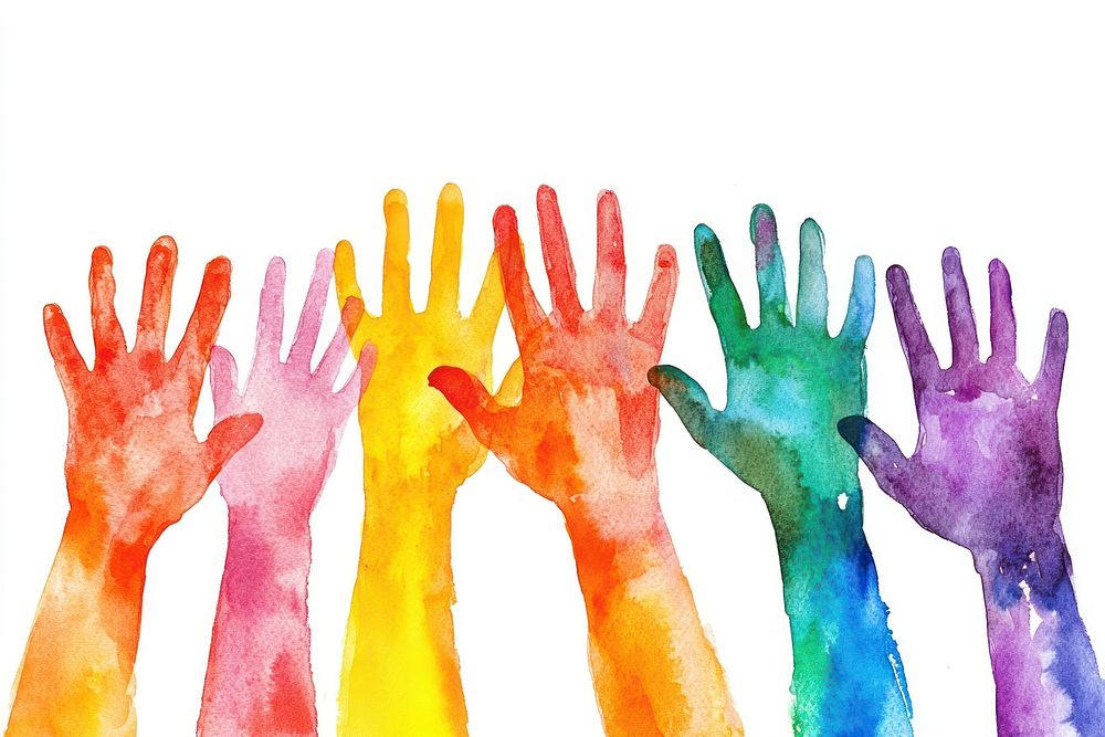 Child hands raised in unity illustration watercolor colorful.