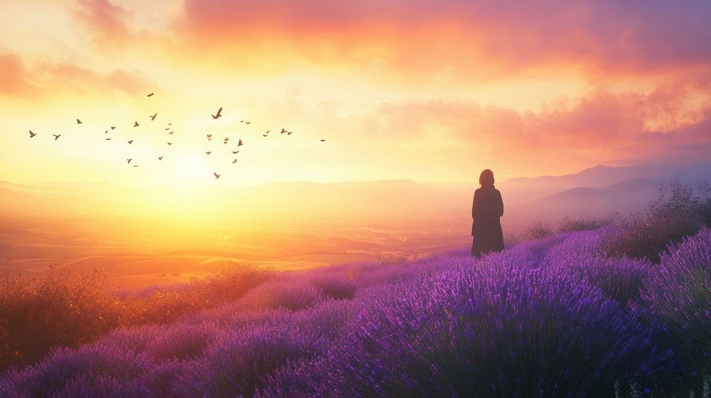 Silhouette of an individual standing lavender birds sky.