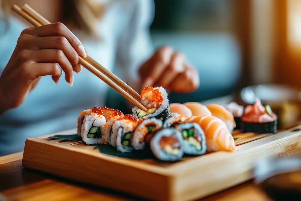 Woman using chopsticks to eat sushi on a wooden plate food restaurant japanese.