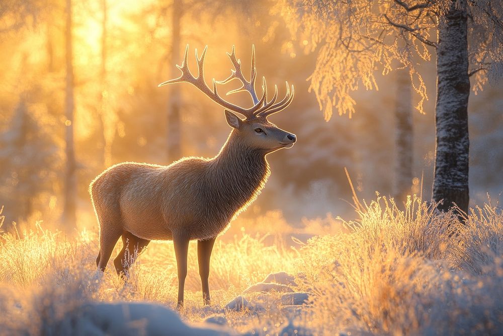 Deer with antlers stands in the golden light of sunrise wildlife outdoors majestic.