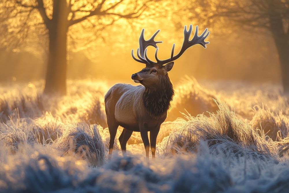 A majestic deer with antlers stands in the frosty meadows of an English countryside at sunrise wildlife nature golden.