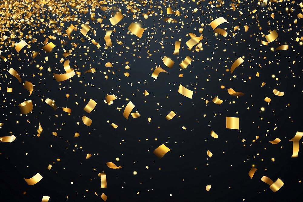 A black background with golden confetti falling all over it celebration atmosphere festive.