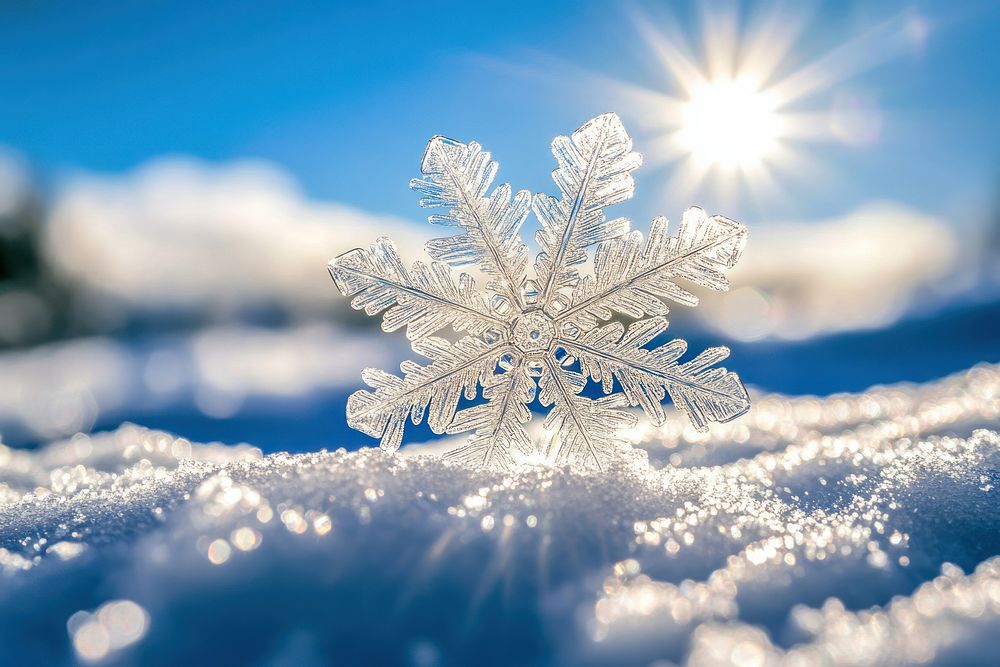 An intricate snowflake on fresh outdoors nature bright.