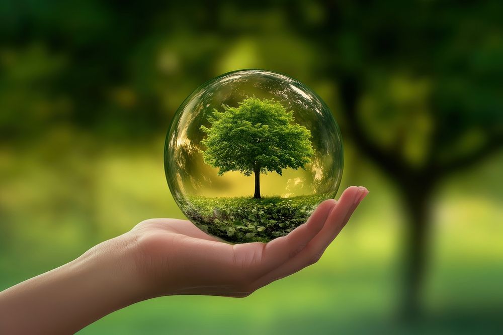 A hand holding an energy plant in a glass sphere with a green tree inside nature photo sustainability.